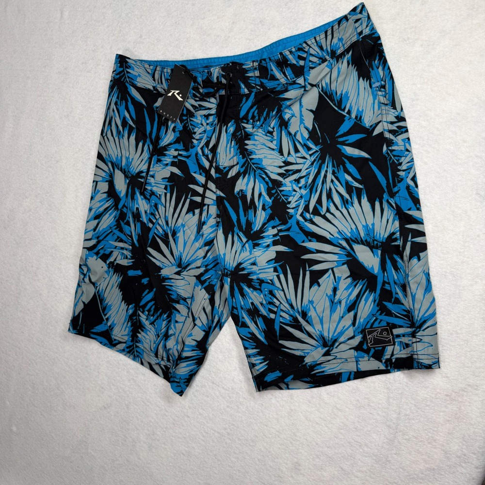 Rusty Maldives 20 men Boardshort swim trunks Bright Blue Palm resort 36 NWT
